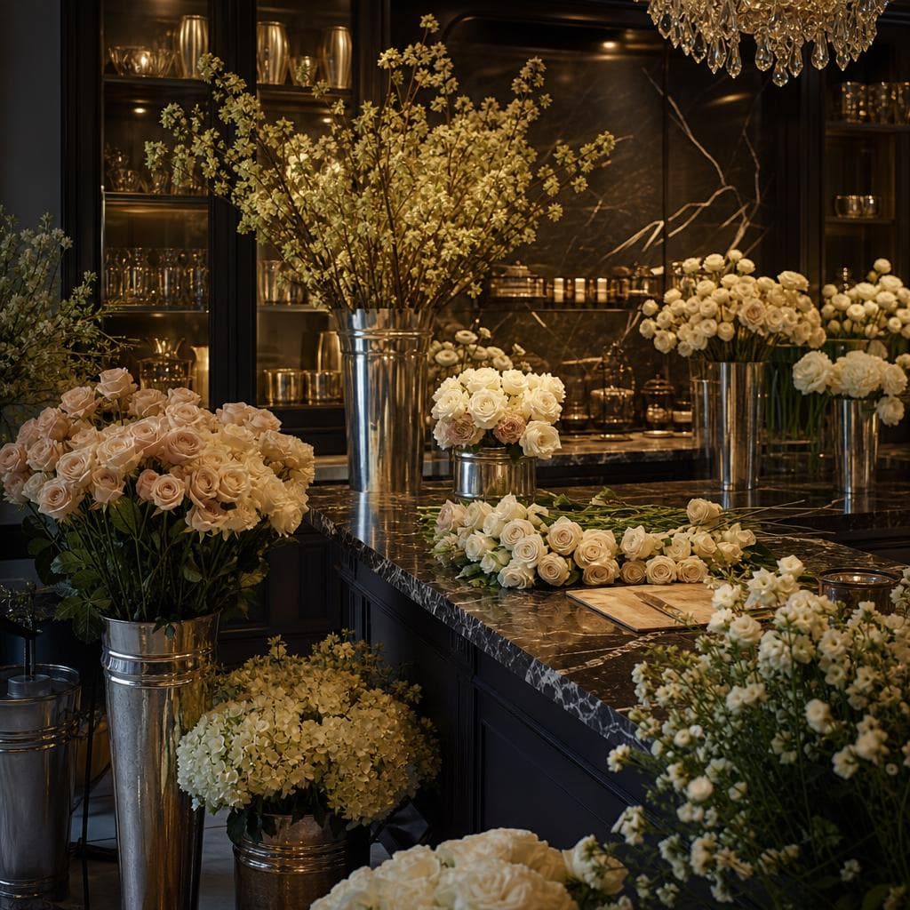 Florist atelier with pale roses.