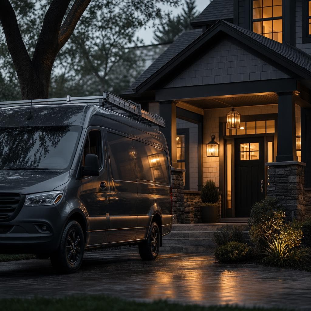 Home-service van at a residential porch.