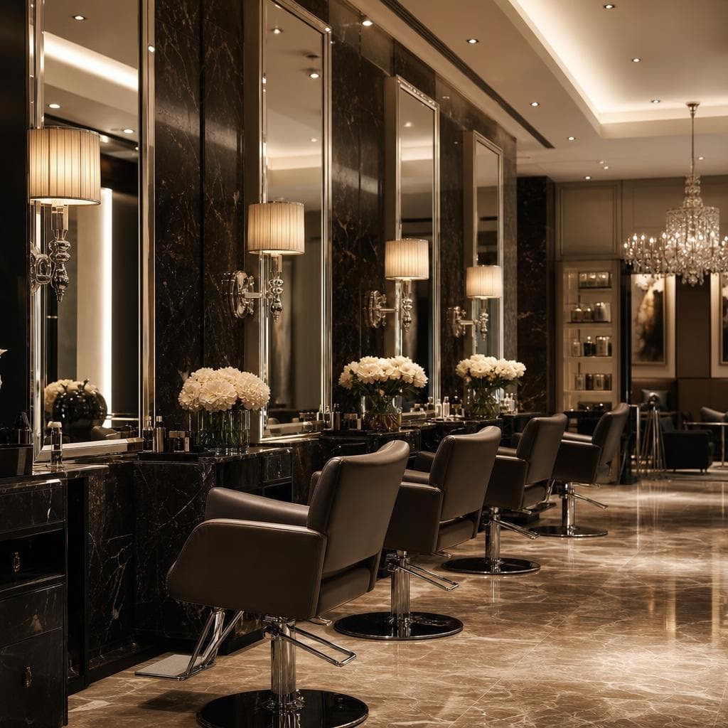 Quiet salon interior with champagne lighting.