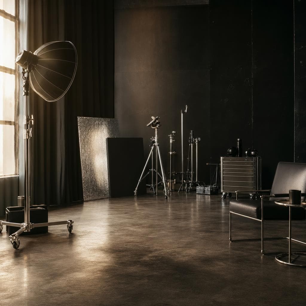 Photography studio with silver equipment.