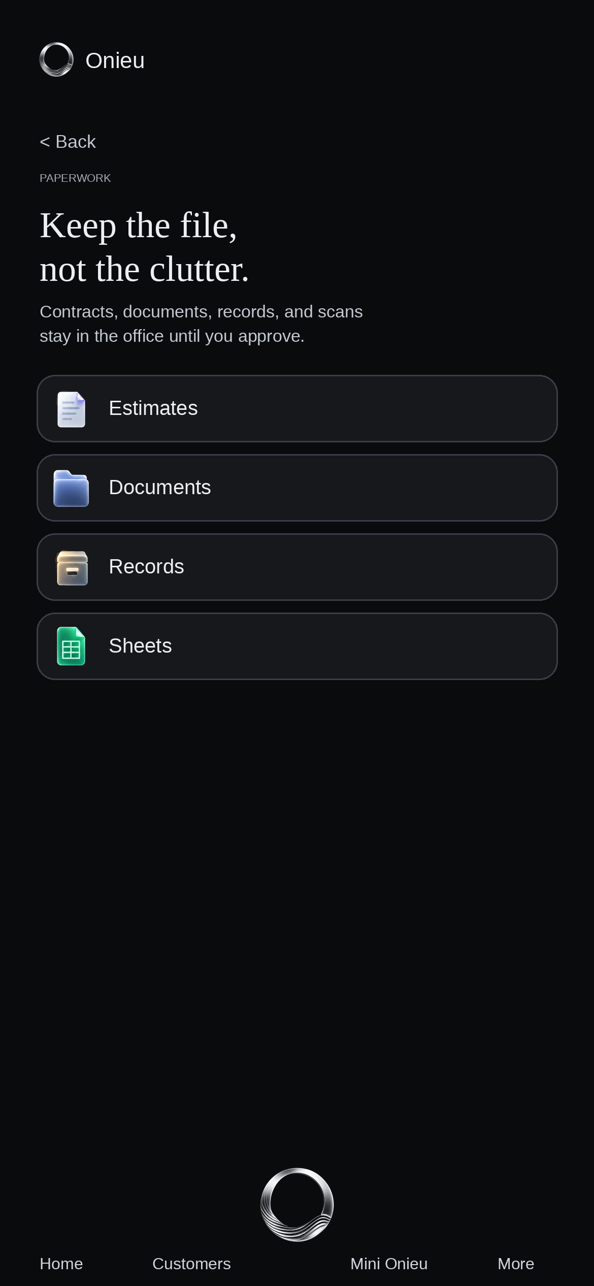 Onieu Paperwork with contracts, documents, records, and scanner.